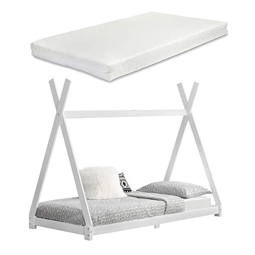 [en.casa] Cama para niños de Madera Pino Höri 90x200cm Cama Infantil Estructura Tipi con Somier y Colchón de Espuma fría Textil de Confianza Oeko-Tex 100 Blanco Lacado Mate