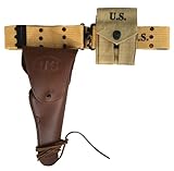 Original WWII M1936 Webbing Canvas Pistol Belt with M1911 Colt Holster and .45 Colt Magazine Pouch (Dark Brown)