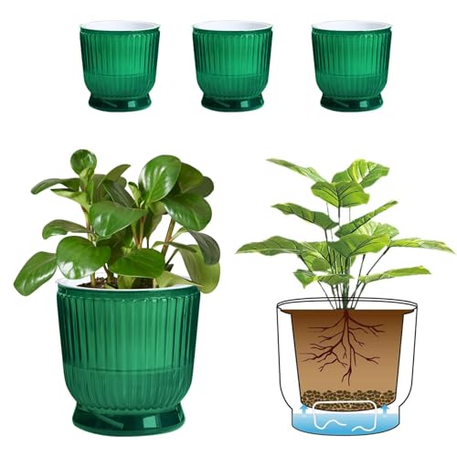 T4U 6 Inch Self Watering Pots for Indoor Plants 4 Pack Self Watering Planter Self Watering Pot with Reservoir Small Self Watering Pots for Plants African Violets (4 Pack 6 Translucent Green)