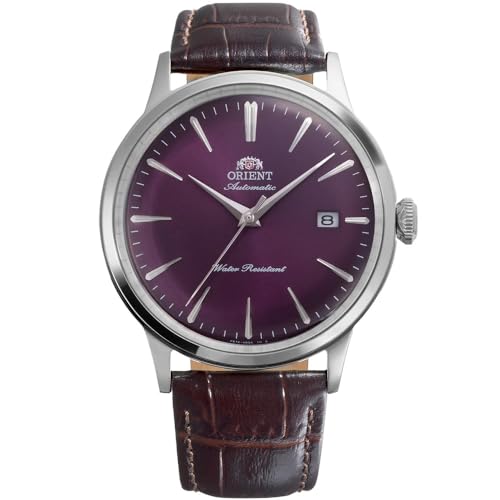Orient Bambino RA-AC0032V30B - Reloj mecánico automático de vestir para hombre, esfera morada, caja de acero inoxidable, correa de cuero marrón, cristal mineral abovedado y visualización de fecha