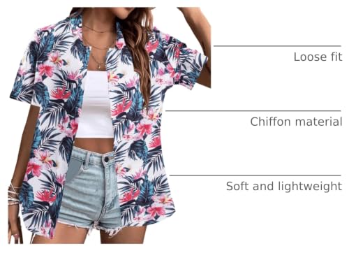 Image of ASTANFY Hawaiian Shirt Women Hawaii T-Shirt Tropical Floral Printed V Neck Shirts Soft Cool Summer Beach Button Up Blouse