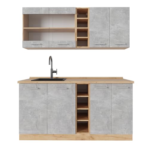 Vicco Cuisine R-Line, Béton/Force d'or Chêne, 160cm, PT Chêne, adapté à la Combinaison et à l’Extension Individuelles