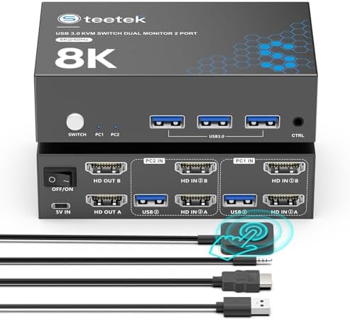 USB 3.0 HDMI KVM Switch 2 Monitor 2 Computers, 8K@60Hz KVM Switches for 2 Computers Sharing Monitor Keyboard Mouse Hard Drives Printer,with EDID Adaptive,2*USB Cable and Controller.