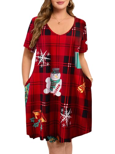 Image of ZENNILO Women's Plus Size Swing Dress with Pockets Casual Summer Dresses V Neck Short Sleeve T Shirt Dress for Women