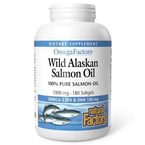Natural Factors Wild Alaskan Salmon Oil Provides Omega-3 EPA DHA & Vitamin D Supports Brain & Heart Health 180 Softgels