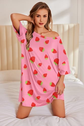 Image of Ekouaer Plus Size Nightgowns for Women Oversized Sleep Shirt Short Sleeve Nightshirt T-Shirt Dress Sleepwear S-5XL