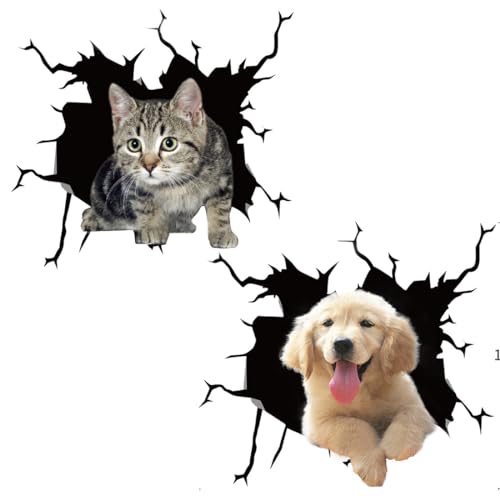 Lot de 2 autocollants 3D pour voiture - Motif chat - Chien déchiré - Design chiot - Stéréo - Autocollant de voiture - Décoration anime - Pare-chocs -...