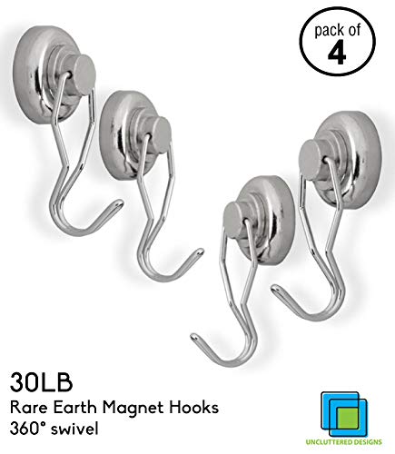 Uncluttered Designs Mighty Magnet Swivel Hooks, Ultra Heavy Duty Strong Neodymium Magnetic Hooks (30 lb, 4 Pack)