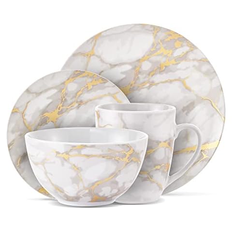 Safdie & Co. - Gold Marble Plates and Bowls Sets, Modern Kitchen 16-Piece Dinnerware Sets, Indoor and Outdoor Plates, with Mugs, Dishwasher Safe Cover