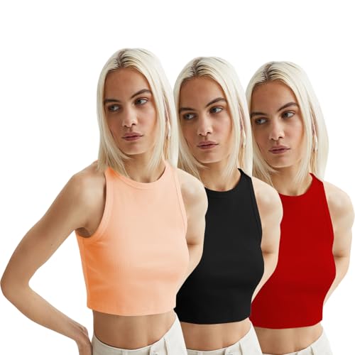 Image of KERI PERRY Tops for Women Crop Top for Women's Tank Activewear Tee Sports Western Casual Cotton Camisole Pack of 3 Combo