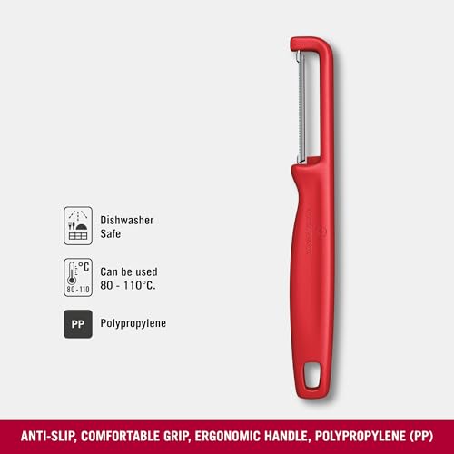 Image of Victorinox Swiss Made Stainless Steel Swiss Classic Iota Peeler, Serrated Double-Edge Peeler for Professional and Household Kitchen, Red, Soft Skin Fruit & Vegetable Peeler | 6.0943.1