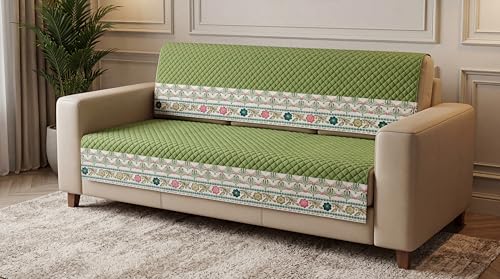Image of KINGLY Sofa Cover 4 Seater Fully Covered | Stretchable Anti-Slip Slipcover | Washable Furniture Protector | Olive Green | Set of 2 | Seat & Back |