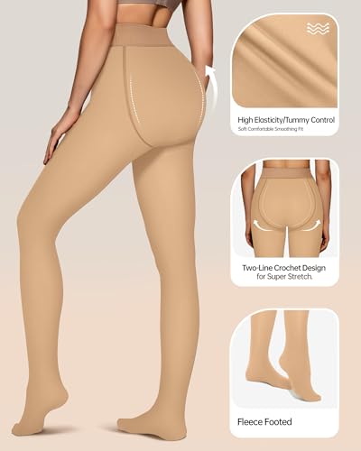 Image of OEAK Womens Fleece Lined Tights Fake Translucent Pantyhose Thermal Opaque High Waisted Winter Legging Footed Sheer Tights