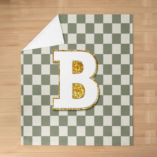 Image of Erosebridal Sage Green Checkered Fuzzy Plush Throw Plaid Initial B Fleece Blanket Personalized Monogram Flannel Blanket for Kids Boys Girls,Fashion Grids Gingham Decor for Bed Couch Queen 90 inchx90 inch