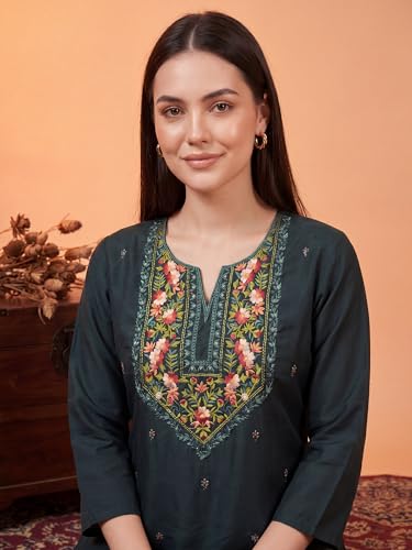 Image of INDO ERA Women's Silk Blend Floral Embroidered Thread Work Kurta & Pant with Dupatta Set