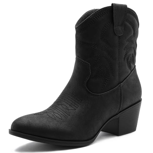 Image of GLOBALWIN Women's Cowgirl Boots Ankle Brown Cowboy Boots With Embroidered Stitching Low Heel Comfortable Western Boots For Country Outfits