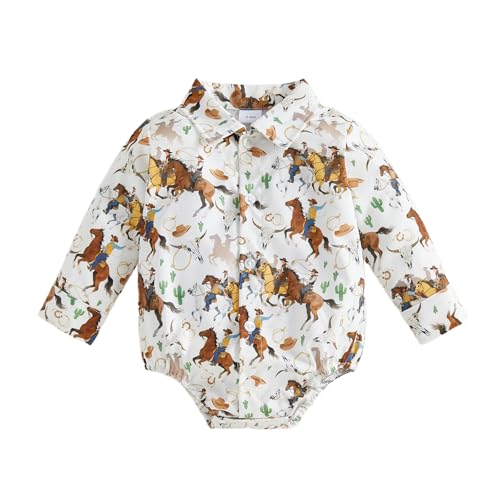 WNGECAT Baby Boy Western Collared Romper Fashionable Cowgirl Printed Long Sleeve Button Down Jumpsuits (Multi-Color, 12-18 Months)