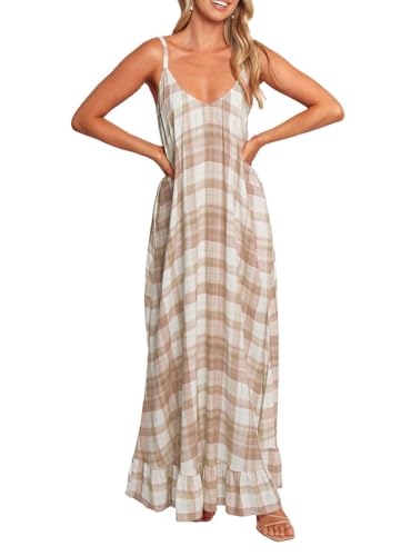 Image of LASPIA Spaghetti Strap Dresses for Women Plaid V Neck Maxi Sundress Beach Long Dress with Pockets