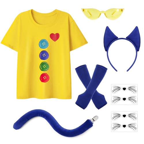 Blue Cat Costume Accessories Cat Ears Headband & Tail Buttons Print T-Shirt Yellow Glasses Arm Sleeves & Whiskers Temporary Tattoos School Book Costume for Read Across America Ages 8-10