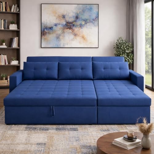 Image of Emilio 4 Seater RHS L - Shape Pull-Out Sofa Cum Bed Sofa for Living Room (Blue Fabric Color) Premium Fabric Sofa Set for Living Room Sofa Cum Bed