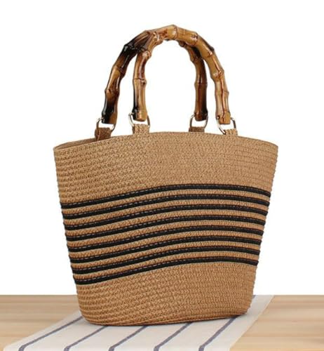 Image of Epsion Womens Large Straw Tote Bag Bamboo Handle Handmade Woven Beach Shoulder Bag Top Handle Purse for Summer, Camel