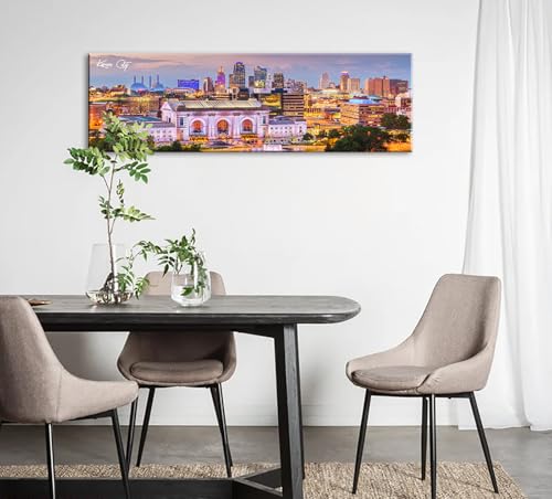 Image of Kansas City Skyline Wall Art Canvas Prints, Framed, 13.8 inchx45.3 inch | Cityscape USA City Building, Panoramic Night View, Modern Home Office Living Room Decoration
