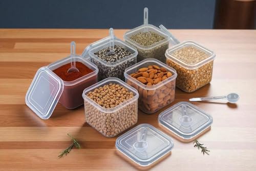 Image of Arto 6-Piece Airtight Food Storage Containers Set (500ml) with Spoons - BPA Free, Clear Square Plastic Jars for Kitchen & Pantry Organizer | Masala, Spices, Dry Fruits, Cereals | Leak-Proof, Stackable