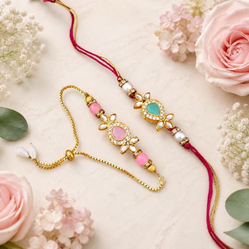 Image of Riddhika Ventures Glorious Gold Plated Religious Diamond Ring Rakhi || Traditional Rakhi Set of 2 & Festive Gift || Rakhi Gift Combo for Bhaiya Bhabhi (J4SM)