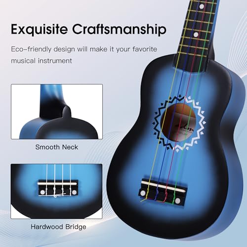 Image of ADM Ukulele for Beginners Hawaiian Wood Ukelele Kit for Kids Adult Student Starter Professional Ukalelee Pack Bundle with Free Lessons Gig Bag Strap Nylon String Tuner (Bluebrust, 21 Inch)