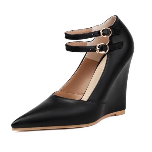 Fashion Wedge Heel Pumps for Women Double Ankle Strap Pumps Closed Pointed Toe Wedge High Heels