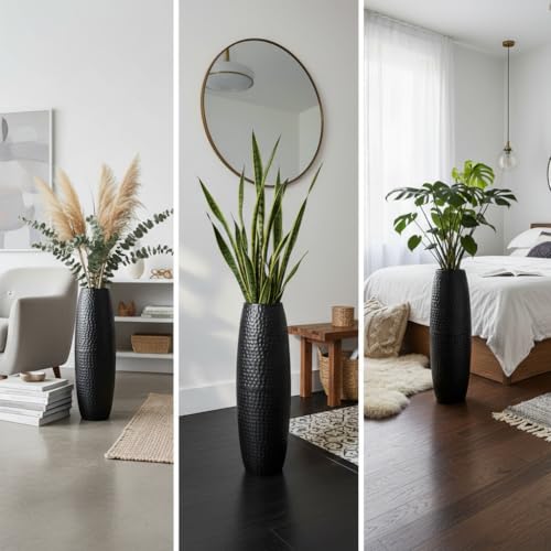 Image of RIZIK STORE Hammered Gold Metal Floor Flower Pot /Vase - 24.2 Inch Tall Round Decorative Vase for Living Room, Modern Minimalist for Dried Flowers, Antique Home Decor Accent (Black)