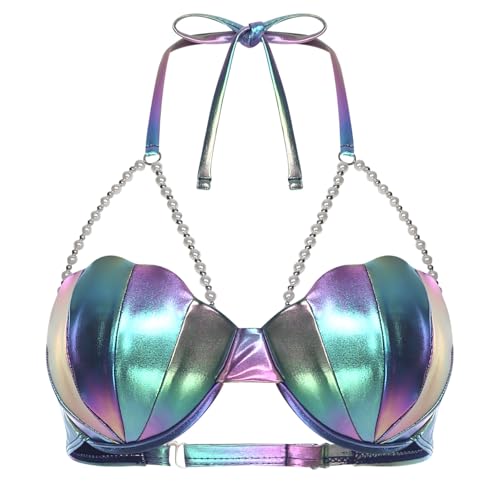 Lpdshaa Women's Shiny Halter Neck Mermaid Bra Top with Pearl Chains Sea Shell Mermaid Role Play Bras Blue Medium