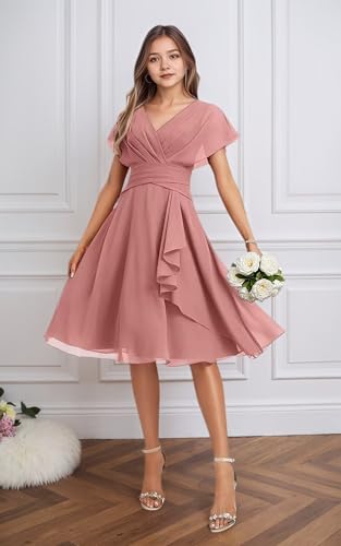 V Neck Junior Bridesmaid Dresses Short A Line Chiffon Flower Girl Dress for Wedding Guest Party Gown2