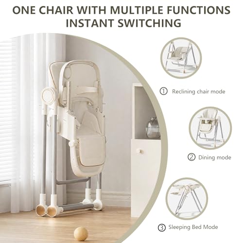 Image of 3-in-1 Foldable Baby High Chair with Locking Wheels - Adjustable Feeding Chair, Removable Tray, Detachable PU Cushion for Infants & Toddlers