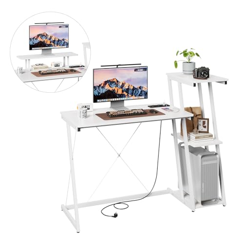 Dripex Schreibtisch mit Regal, Gaming Tisch, Computertisch mit Steckdose und USB, Eckschreibtisch mit umkehrbarem Regal, Bürotisch mit Abnehmbarer Monitorhalterung für Home Office, weiß 120cm