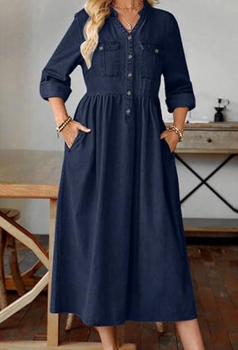 loveimgs Women Casual Button Down High Waist Midi Denim Dress V Neck Pleated Shirt Jean Dress A Line Long Sleeves Pockets3