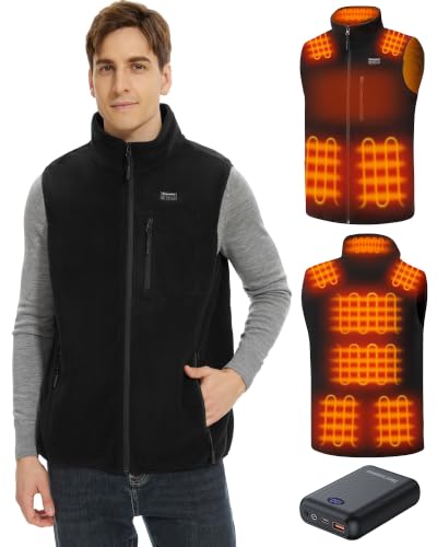Hecusma Polaire Gilet Chauffant Hommes avec Batterie 16000mAh 7.4V Incluse, Gilet Chauffant Electrique en Polaire pour Hommes pour la Extérieur Chasse, Le Ski-3XL