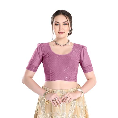 Image of FINESTFIT Stay On Trend Fashion 100% Cotton Readymade Blouses for Women,Round Neckline with Organza Balloon Sleeves.