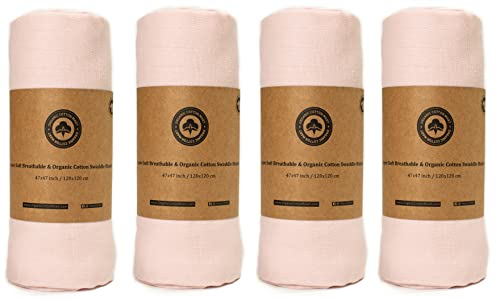 Organic Cotton Pink Swaddle Blanket – 4 Pack 100% Breathable Muslin Swaddle Blankets for Baby Girls – Extra Large Size, Multipurpose, Cotton Gauze Blanket – 47”x47” (Pink – 4 Blankets)