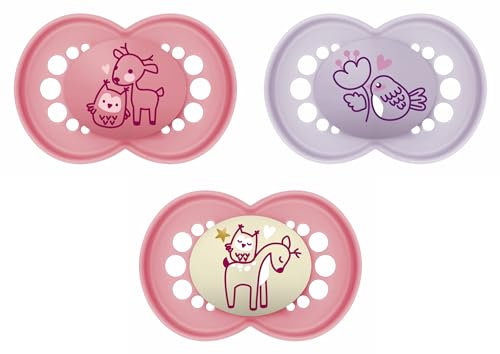 MAM Set de 3 Chupetes, Día y Noche, a Partir de 6 Meses, con Tetina Simétrica, Plana y Flexible de Silicona de Fácil Aceptación, MAM Original, Rosa Mate, Pack de 3uds