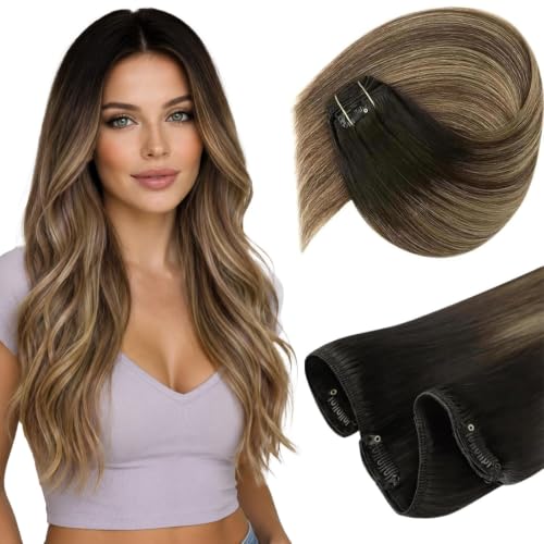Image of Sunny Hair Clip in Hair Extensions Real Human Hair Caramel Balayage 12inch | Short Clip in Extensions Real Hair Black Ombre Blonde, Secure Clip Ins, Silky Soft, Easy to Put in, Quick Daily Styling 85g