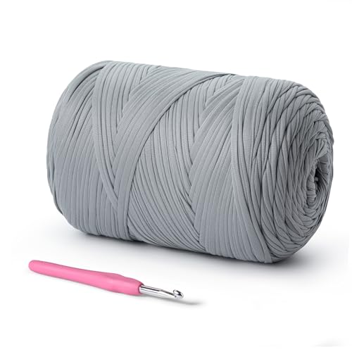 Image of (800g /228yds) T Shirt Yarn, Soft Tshirt Yarn for Crafts and DIY Knitting Crocheting Cloth /Bag /Basket /Coaster, 100% Polyeste Elastic Fabric Chunky Thick Yarns for Crocheting (Light Gray)