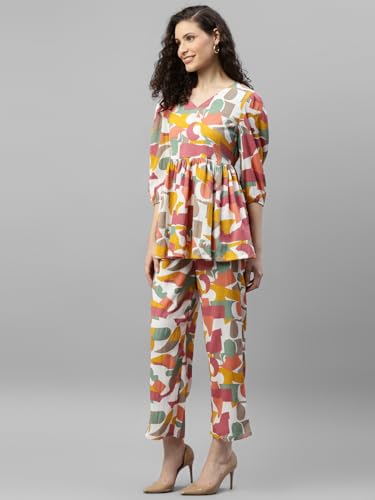 Image of DEEBACO Women's Abstract Print Top & Pants Co Ord Set for Women V Neck 3 /4 Puff Sleeve Ladies Party Casual Wear Fashionable for Girls Loose Fit Cord Set (DBCOMR00000984 XL Multicolor)