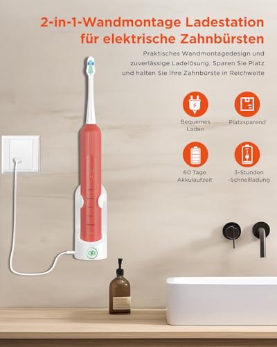 Elektrische Zahnbürste, Schallzahnbürste für Erwachsene und Kinder, Electric Toothbrush mit 5 Putzmodi 3 Intensitätsstufen Integrierter Timer und 8 Zahnbürstenköpfen, Reiseetui, Rosenrot – Bild 6