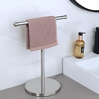 Mooche Hand Towel Holder Stand Countertop Towel Holder for Bathroom Kitchen, Stainless Steel T-Shape Towel Rack Tea Towel Holder with Heavy Duty Round Base, GKN4030-LS