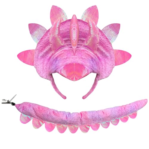 ZIZWO Triceratops Dinosaur Headband Tail Set 3 Horn Dragon Costume Accessories for Adult Kids Halloween Party Dress Up Pink