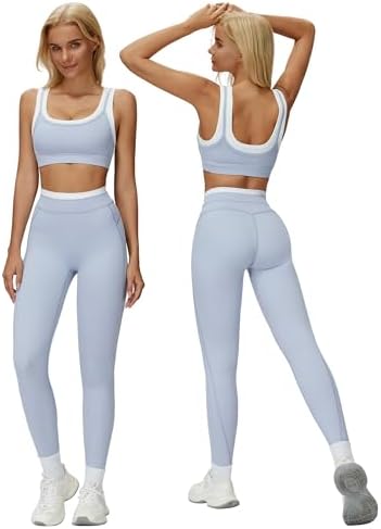 ABOCIW Workout Workout Sets Color Block Layered Sports Bra Matching Tummy Contro