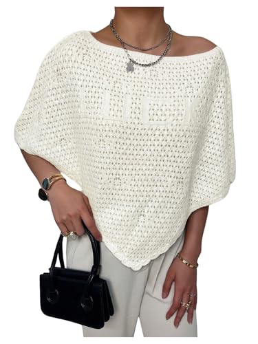 SHENHE Women's Knit Sheer Poncho Crochet Hollow Out Shrug Lightweight Sweater Pullover