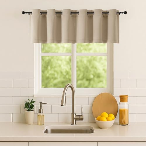 Image of Simplebrand Biscotti Beige Kitchen Valances for Windows 18 Inches Long 2 Pack, Room Darkening Window Valances for Living Room, Short Straight Drape Kitchen Curtains for Bedroom Kids Room, 40Wx18L