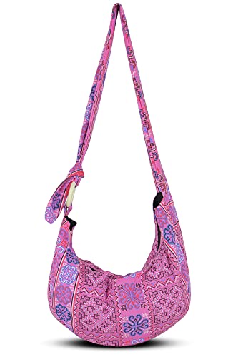 Image of Hobo Crossbody Bag for Women - Handmade Cotton Boho Purse with Wooden Ring | Lightweight Slouchy Shoulder Sling Tote Bag